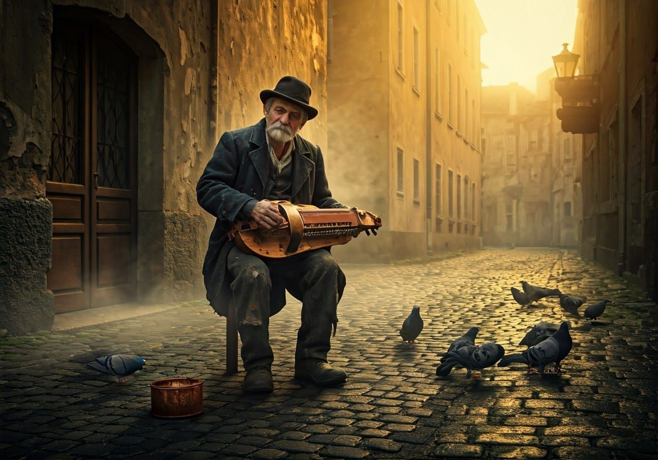 A Haunting Figure Plays a Barrel-Organ in a Foggy Old Town