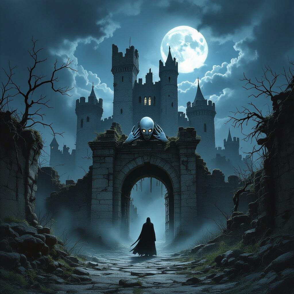 Dark Fantasy Ruined Castle Guarded by Pale Man in Gothic Hor...