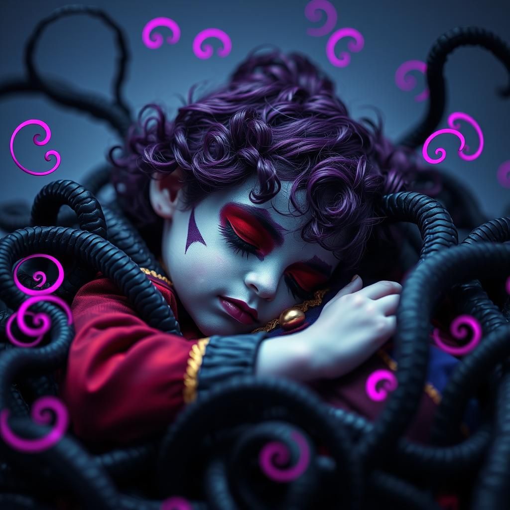 Harlequin Child Asleep in Neon Tendrils