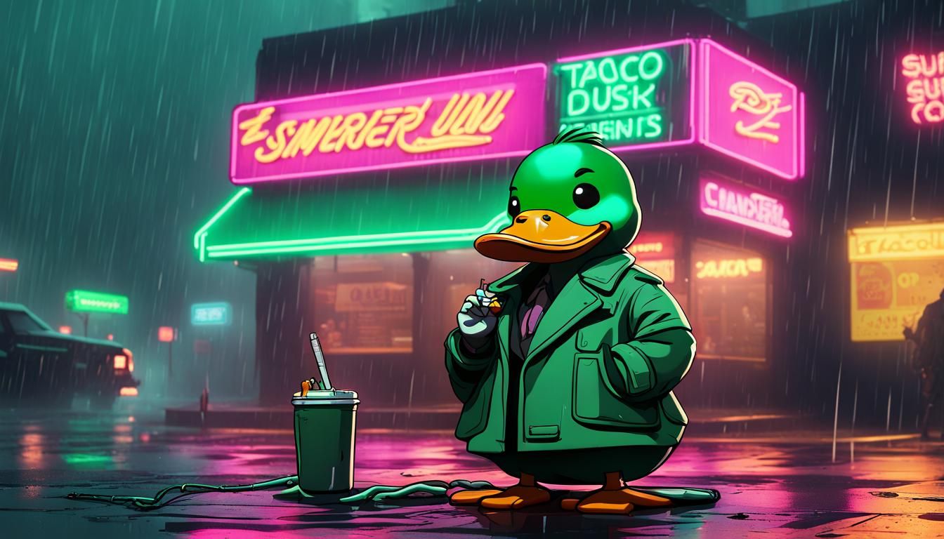 Cyberpunk Duck Detective in Rainy Cityscape