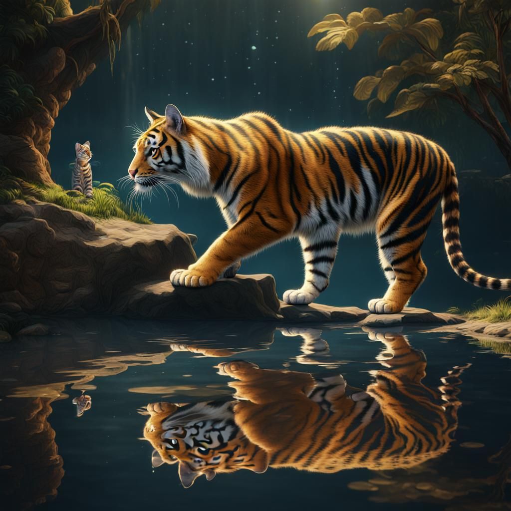 Tabby Cat Sees Tiger Reflection