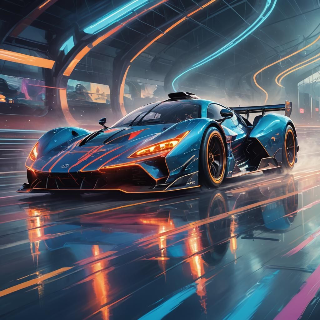 Sleek Neon Race Car Concept Art in Oil Painting Style