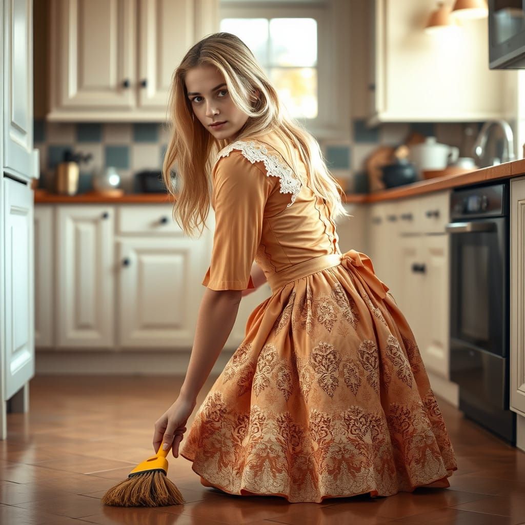 Man in 19th Century-Inspired Frock Cleaning Kitchen Floor