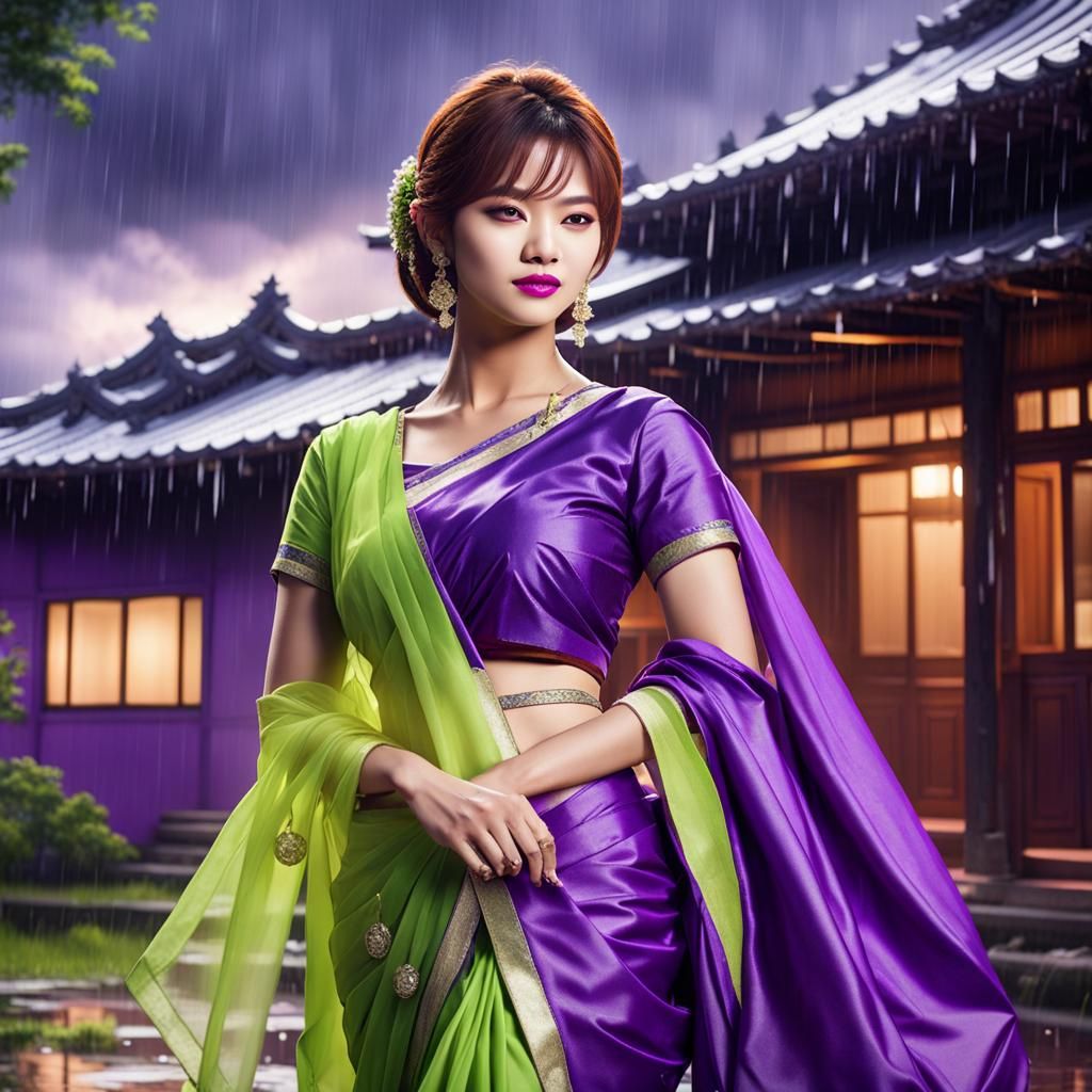 K-Pop Star in Silk Saree in Rainy Night