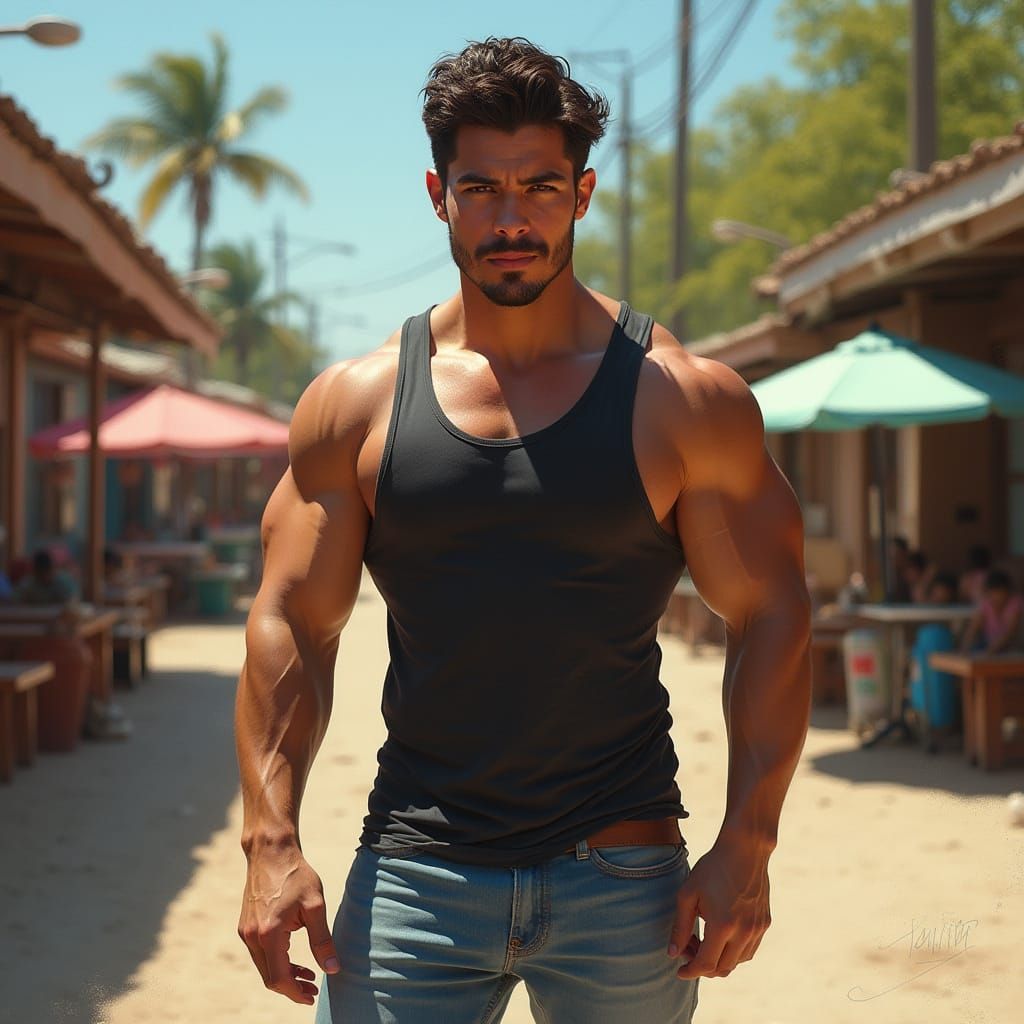 Muscular Latin Man Posing in Outdoor Setting