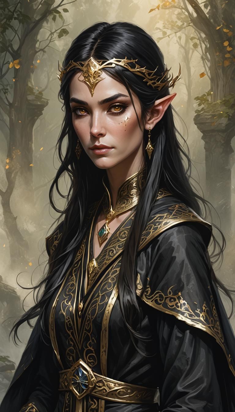 Elven Sorceress Portrait in Black and Gold