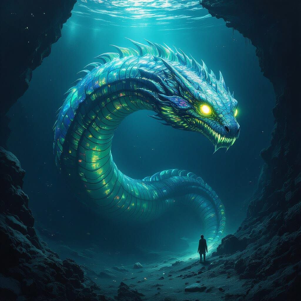 Bioluminescent Sea Serpent in the Mariana Trench