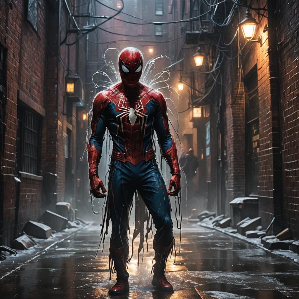 Drippy Spiderman in Dimly Lit Alleyway