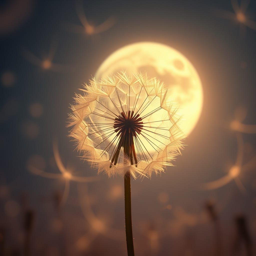 Dandelion Seed Head in Whimsical Full Moon Light