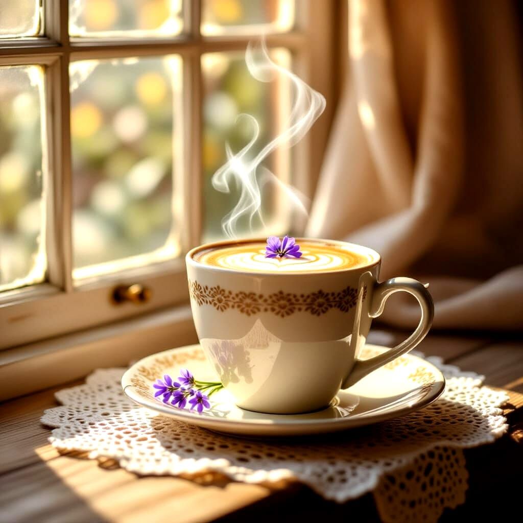 Latte and Lavender Still Life in Morning Light