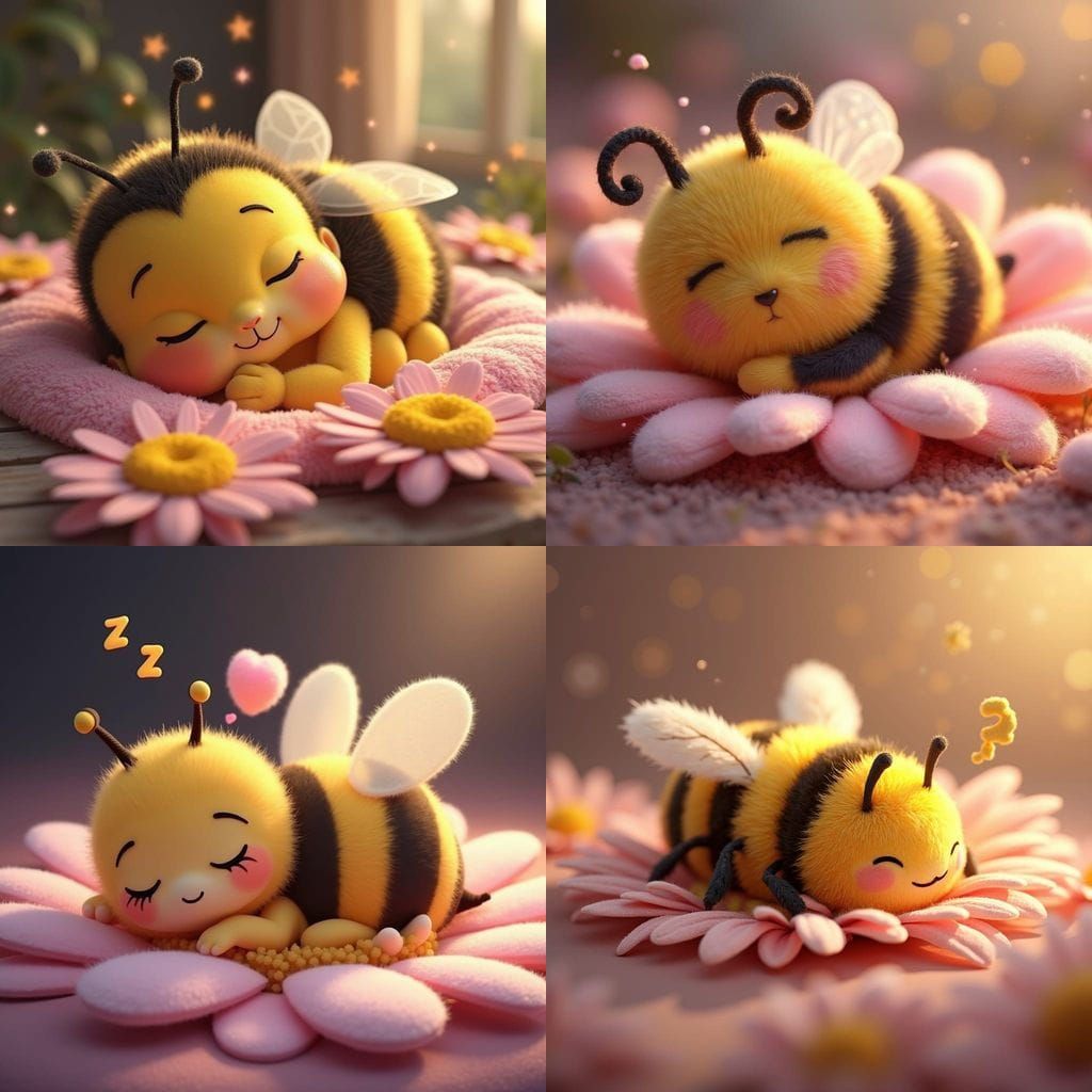 Fluffy Bumblebee Baby Sleeping on Daisy in Cozy Light