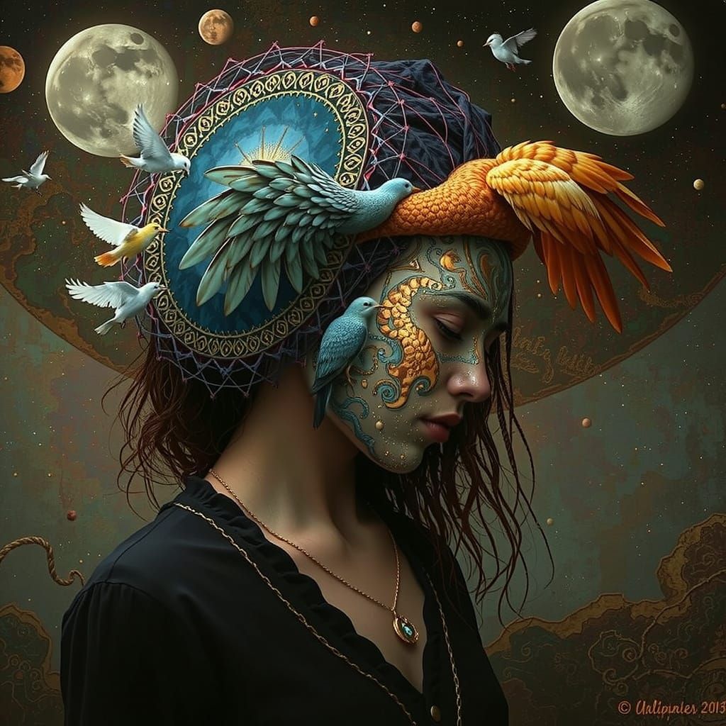 Woman Merging With Nature, Carrying Birds in Dreamlike Art