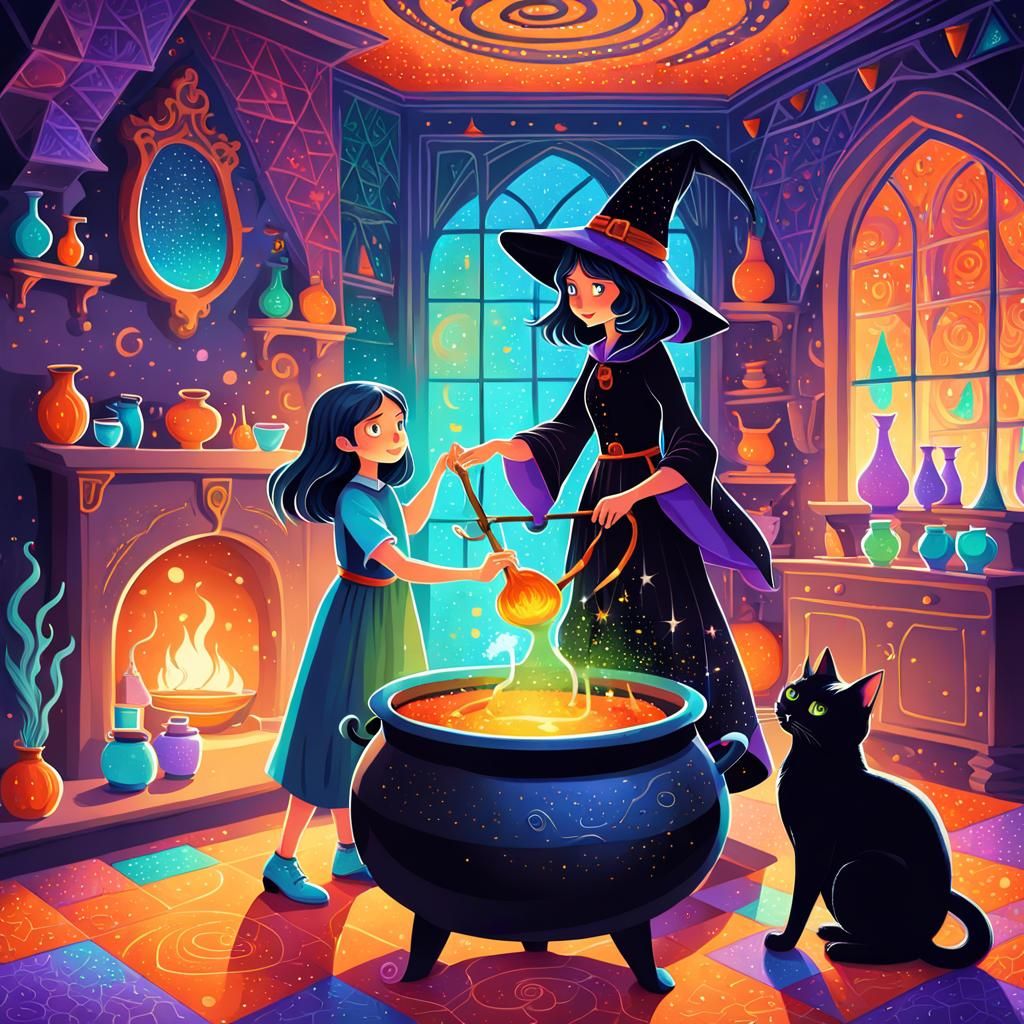 Witch's Apprentice: Brewing Magic in Stippling Style