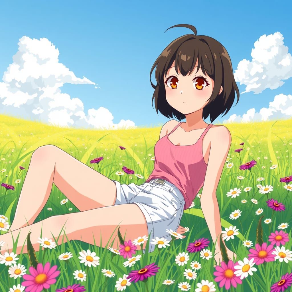 Anime Woman Doing Push-Ups in Flower Meadow