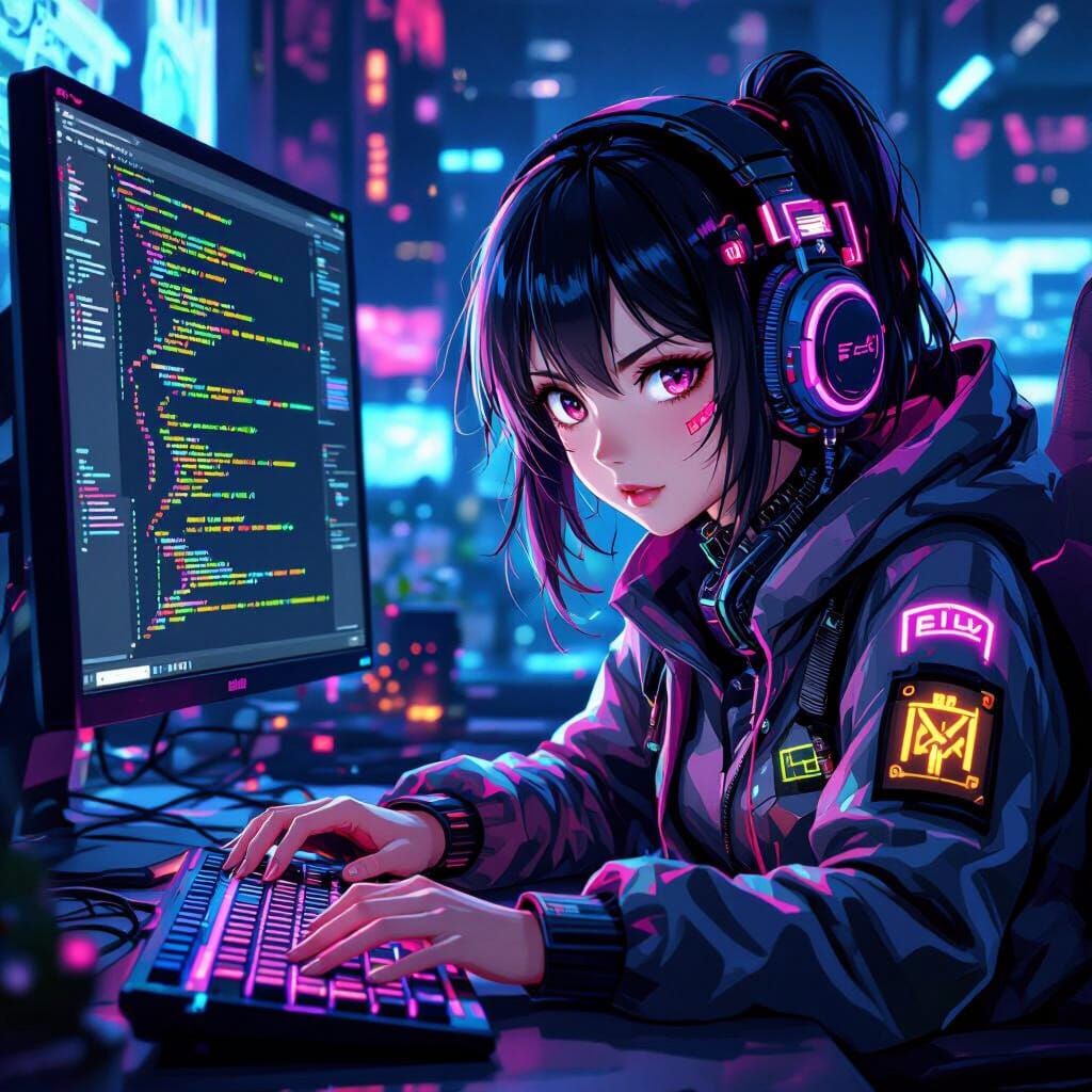 Anime Hacker in Cyberpunk Style Typing at Computer