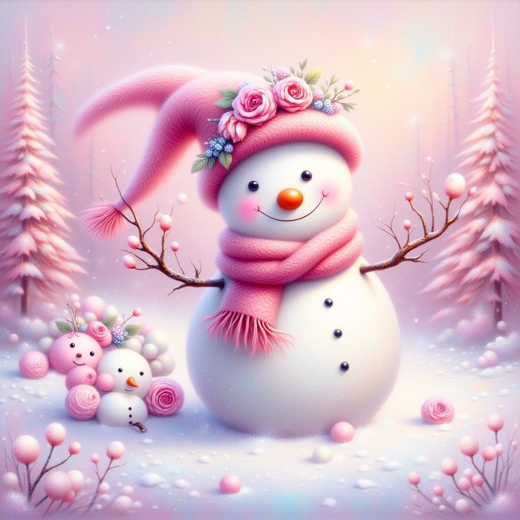 Winter Snowman with Pink Roses and Scarf in Soft Light