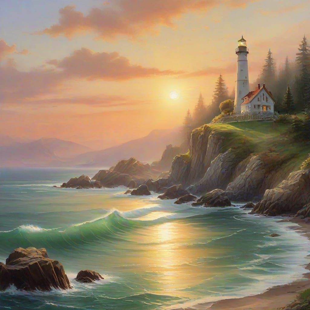 Lighthouse on a Rocky Coastline in Dreamy Sunset Light