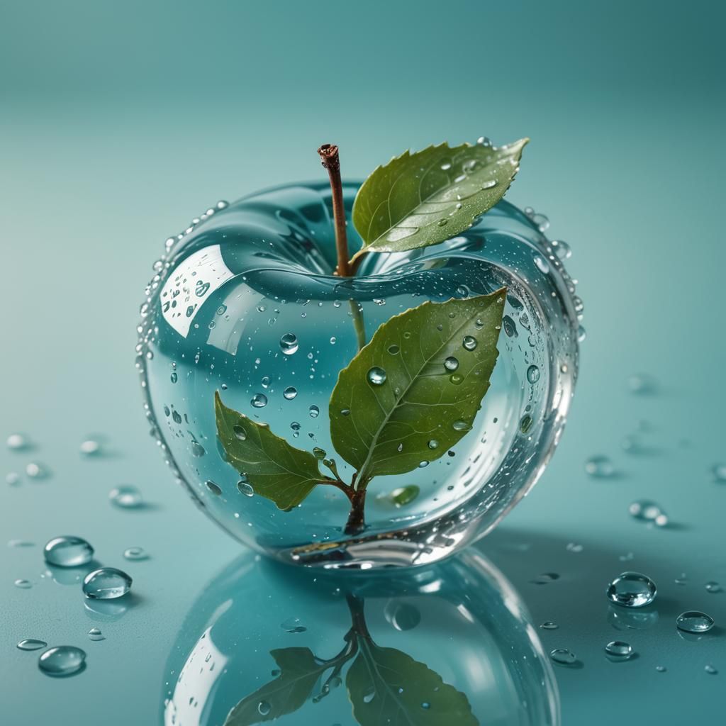 Crystal Glass Apple with Droplets, Realistic Oil Painting