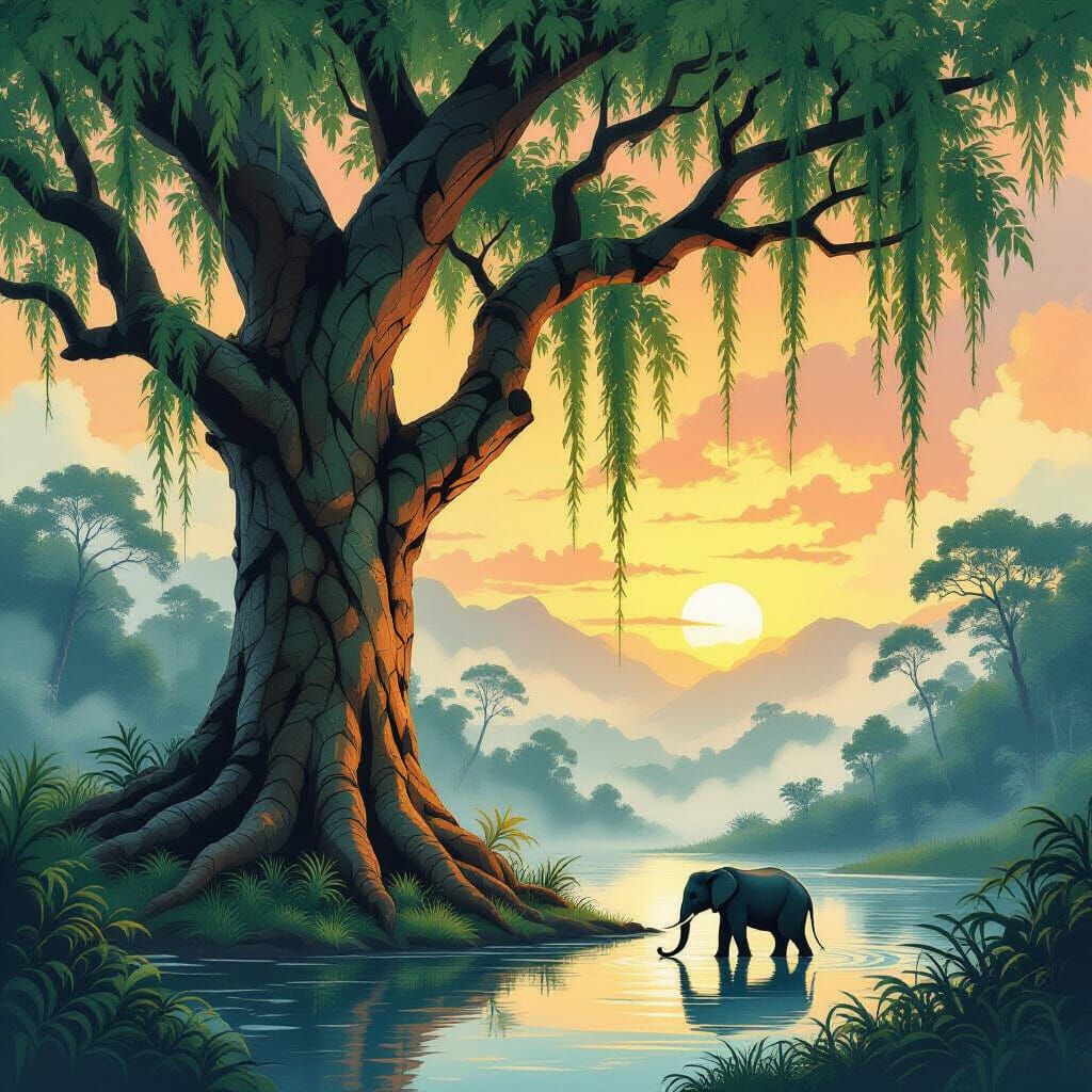 An enchanting and intricate artwork featuring a tree that ca...