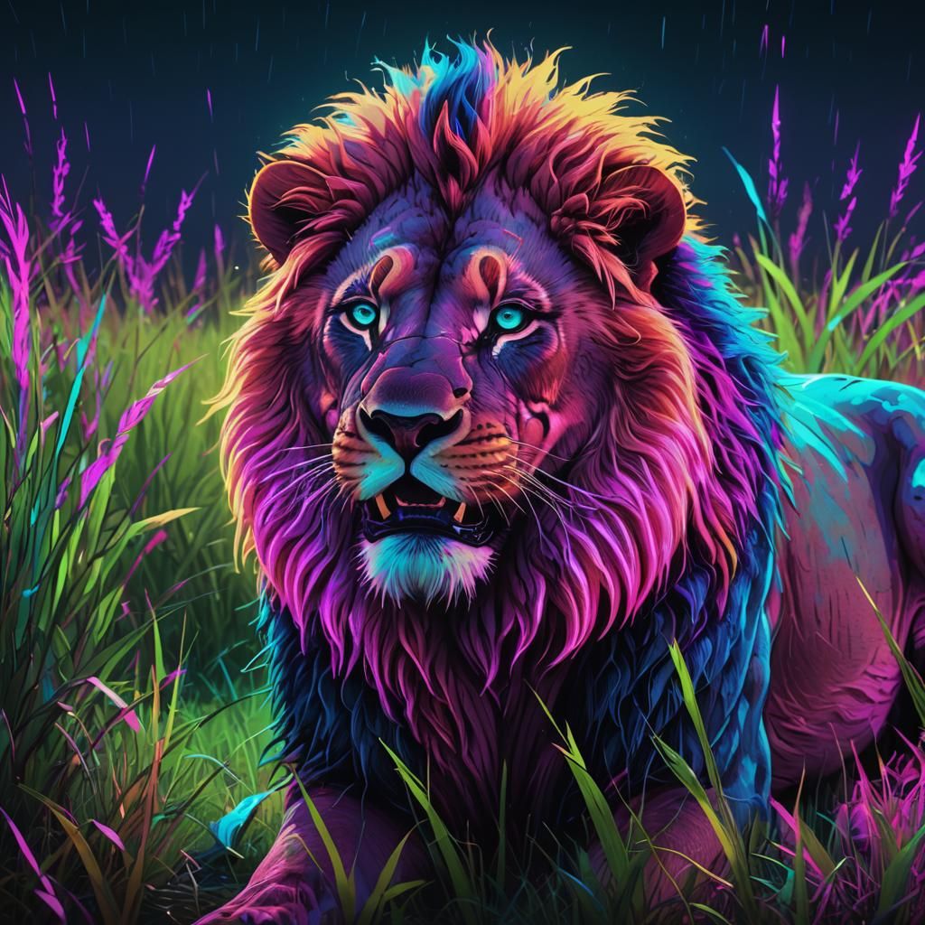 Neon Lion Roaring in Synthwave Savannah