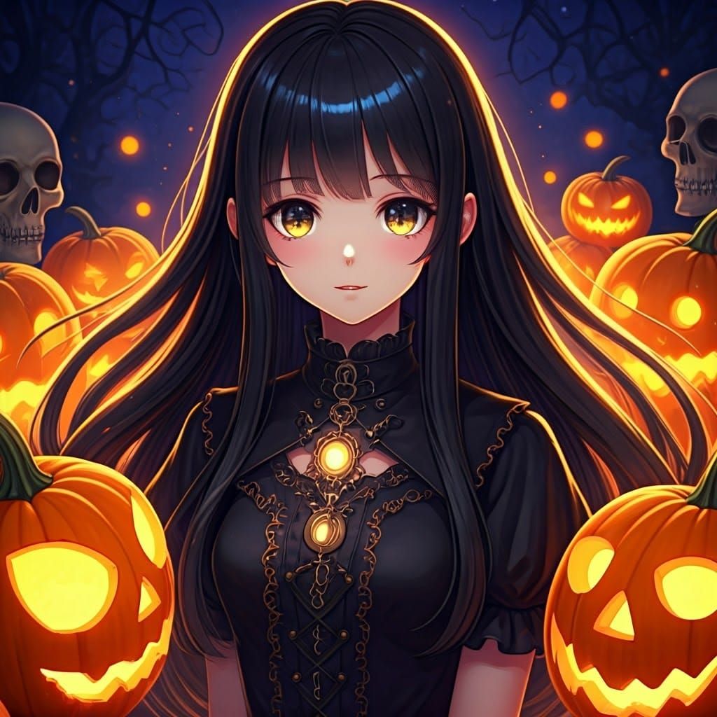 Gothic anime girl, halloween, pumpkins