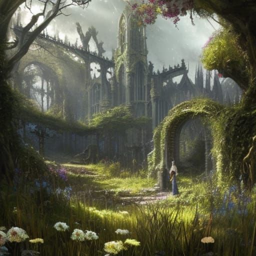 Lush Gothic Garden in Spring Sunlight
