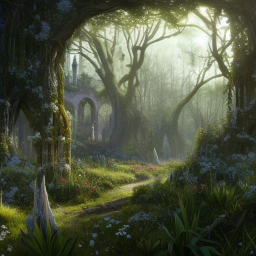 High Gothic Garden in Spring Sunlight: A Digital Masterpiece