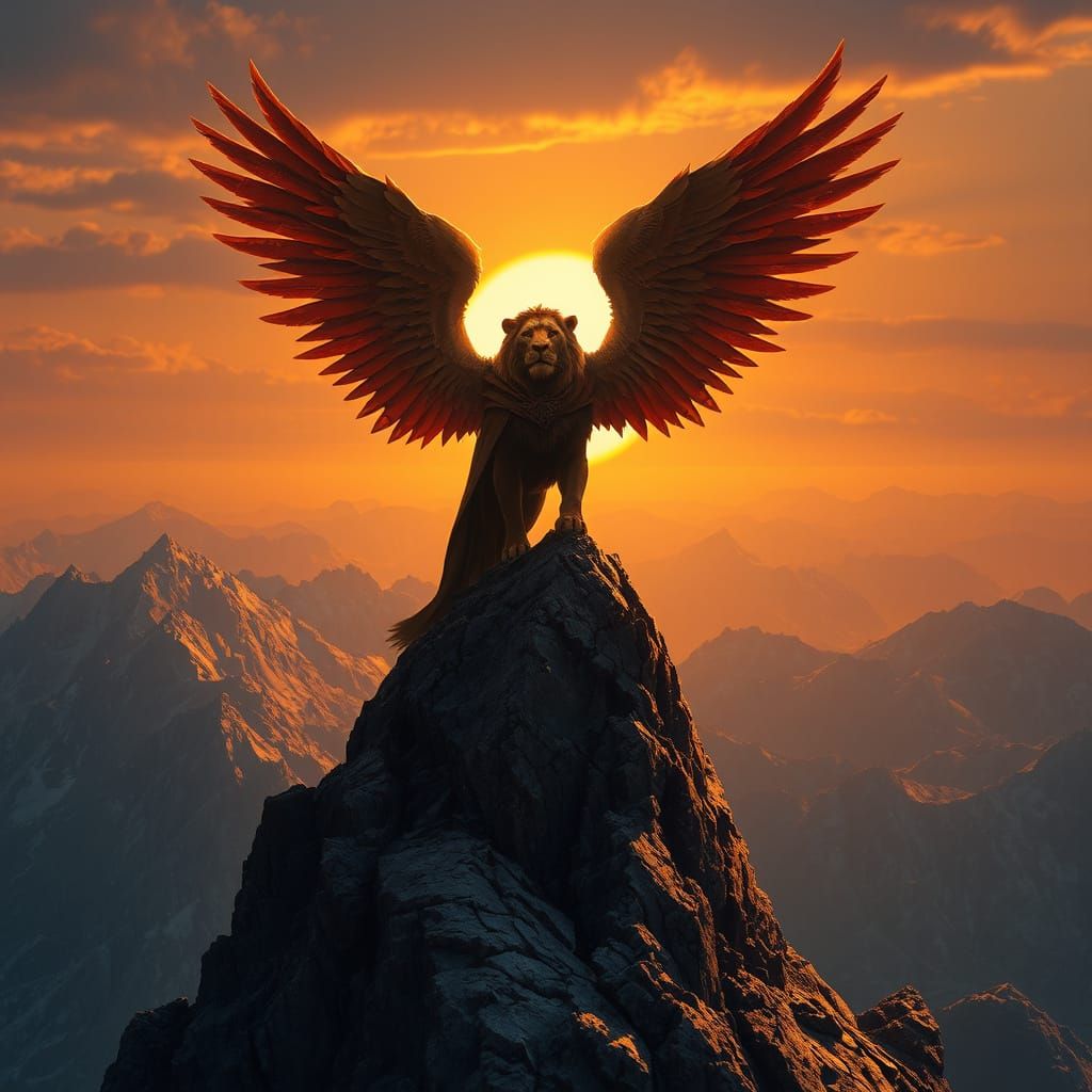 Regal Winged Lion Surveys the Land in Golden Sunset