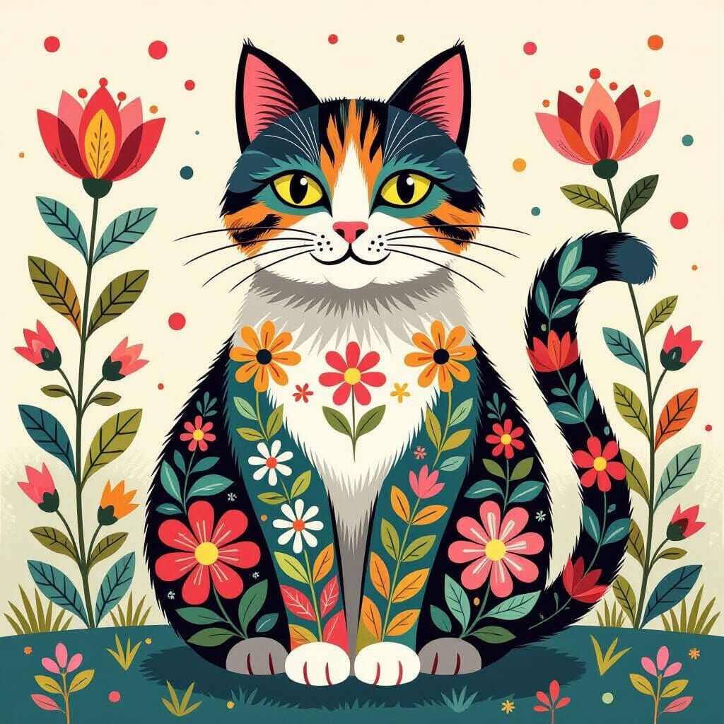 A cat made of flowers, folk art style