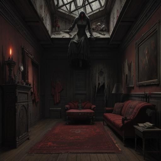 Creepy Voodoo Doll in Attic Window, Horror Art