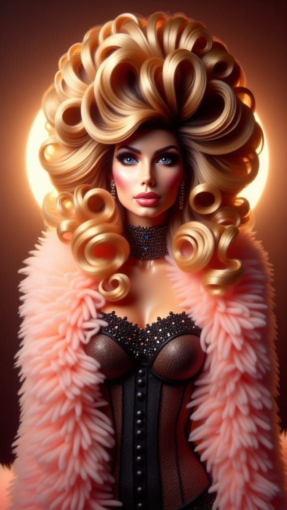 Glamorous Burlesque Queen with Exaggerated Curls and Opulent...