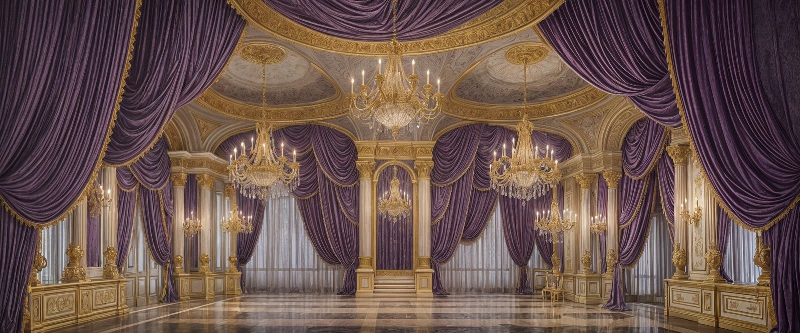 Opulent Interior with Purple Curtains and Chandeliers