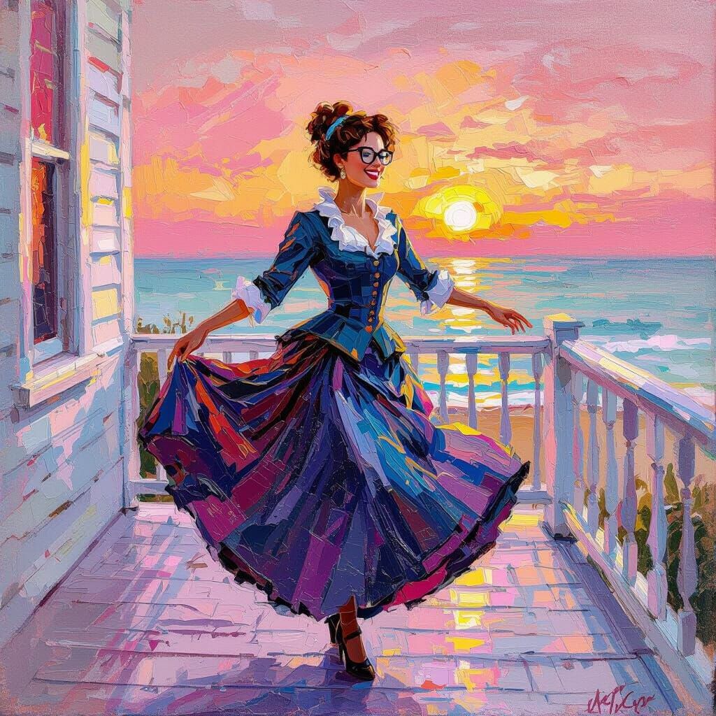 Joyful Woman Dancing in Sunrise Beach Oil Painting