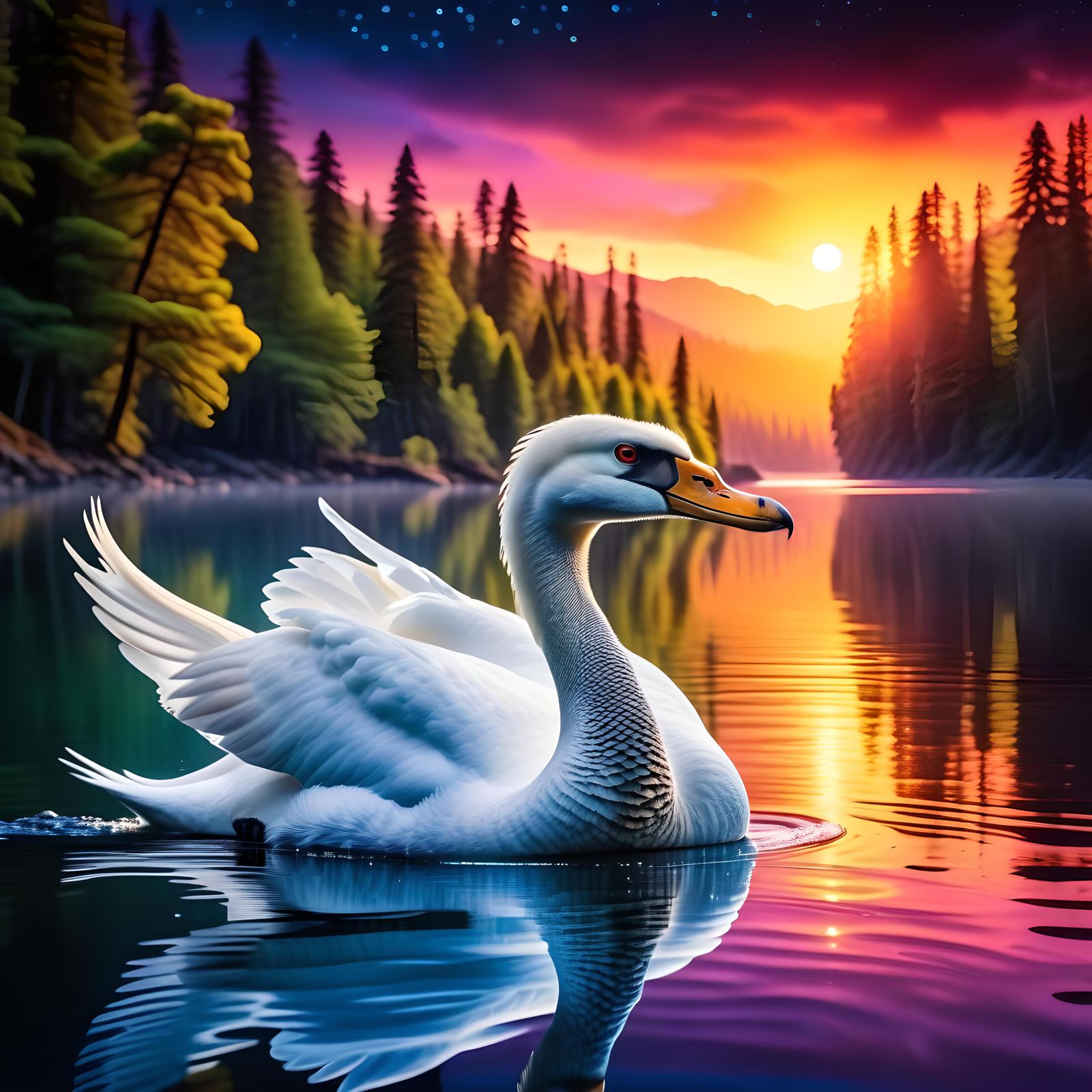 Hyperrealistic Swan Made of Magical Mist on Lake