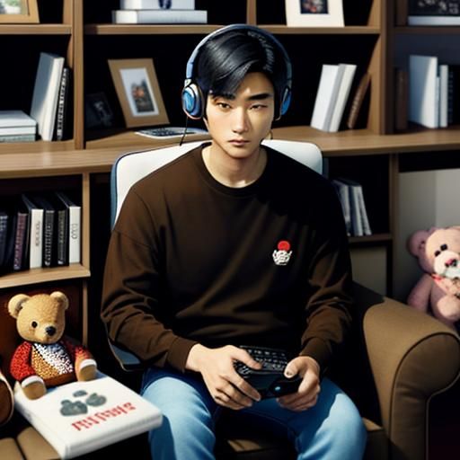 Man Gaming Surrounded by Flowers and Books