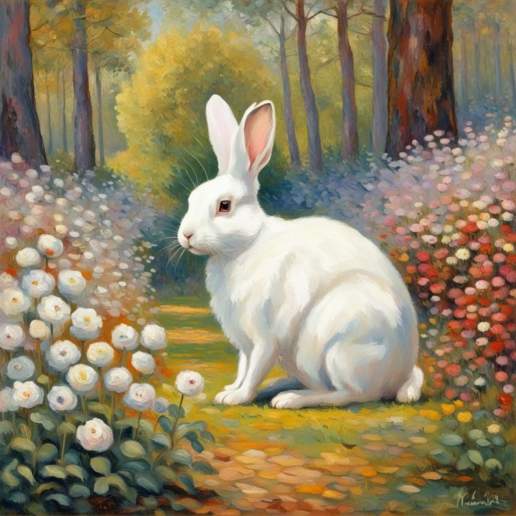 White Rabbit in Spring Forest, Impressionistic Style