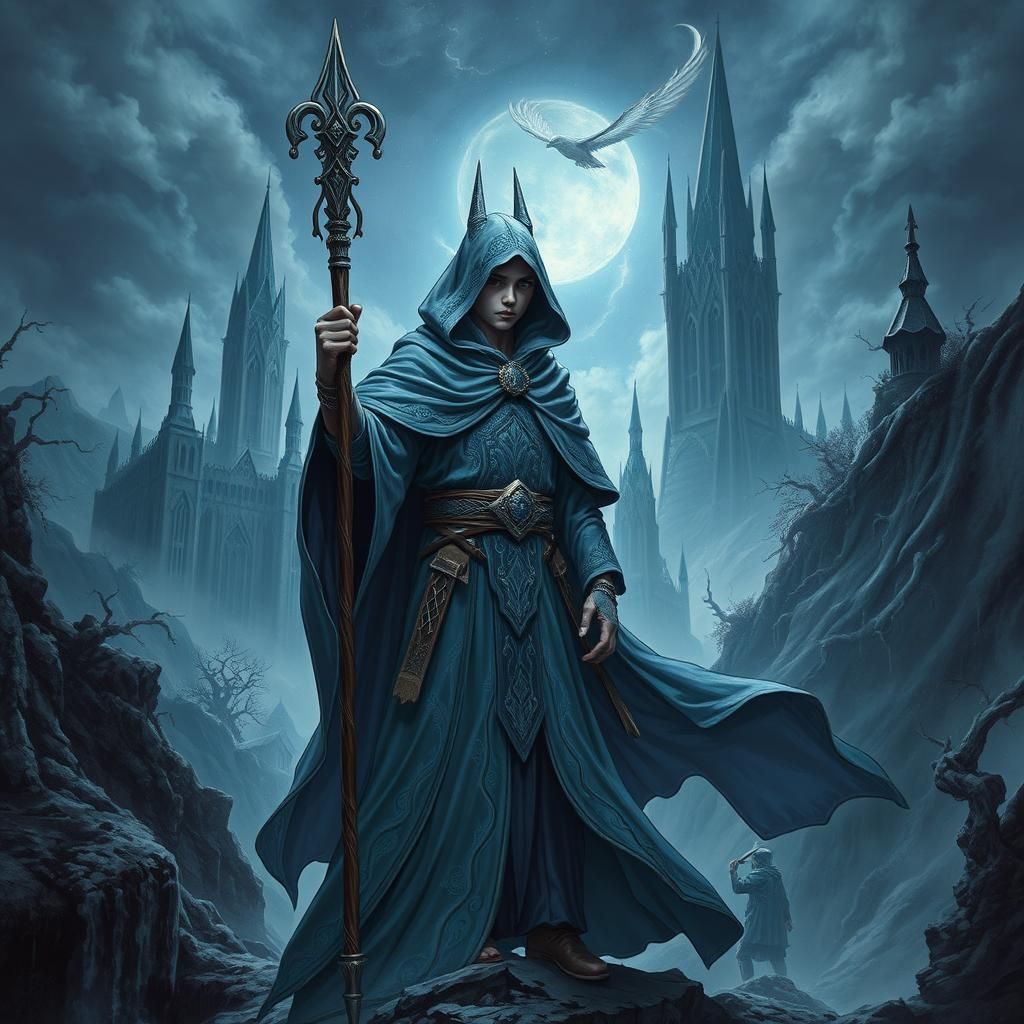 Mystical Warrior-Mage in Stormy Twilight Realm