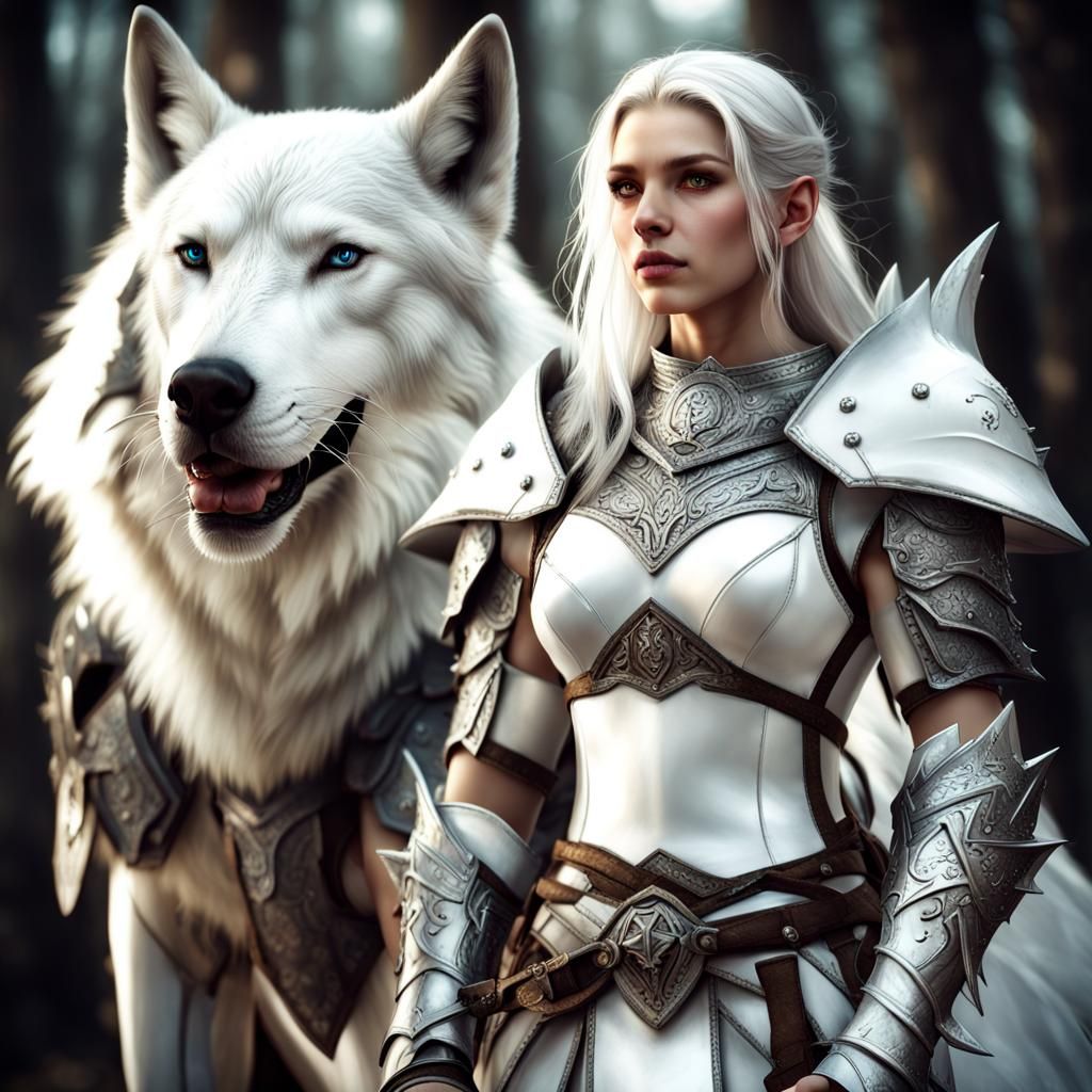 Elf Knight with White Wolf in Hyperrealistic Style