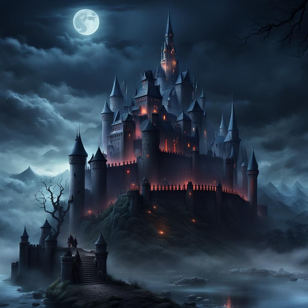 Dark Fortress Overlooking Village in Digital Illustration