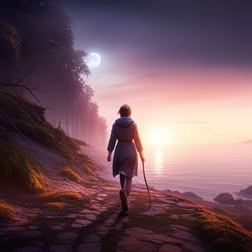 Girl Walks in Woods at Dusk: Fantasy Concept Art