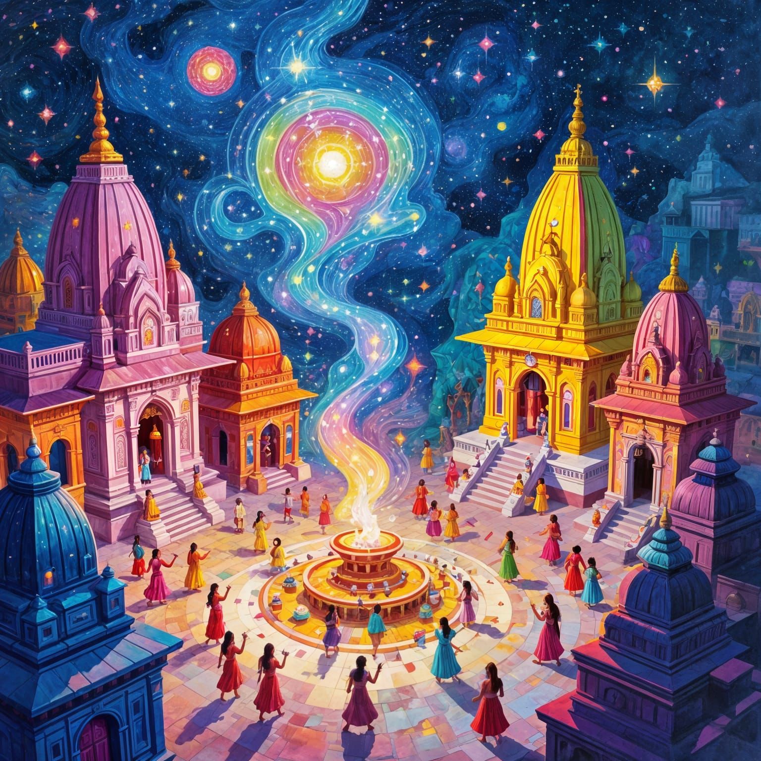 Varanasi Divali Lights Celebration Gouache Painting