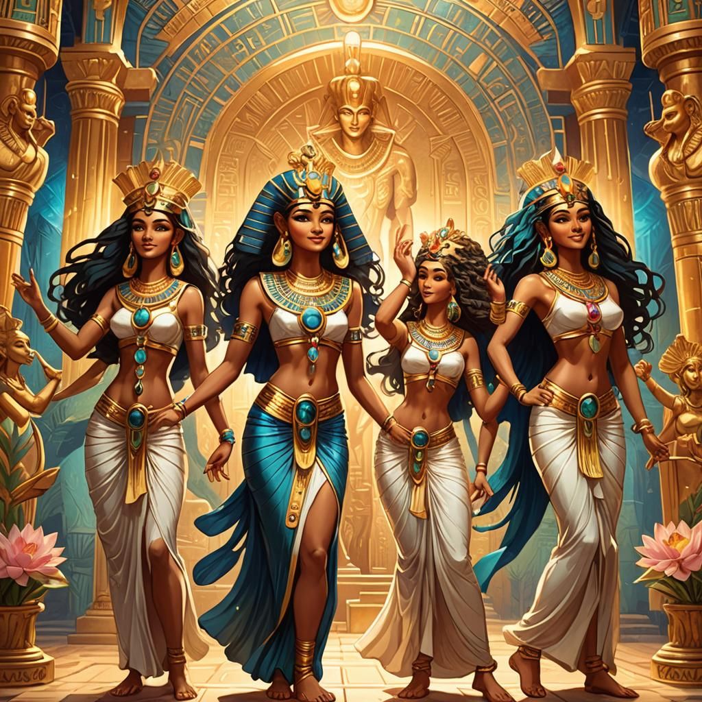 Art Nouveau Egyptian Goddesses Dancing in Temple