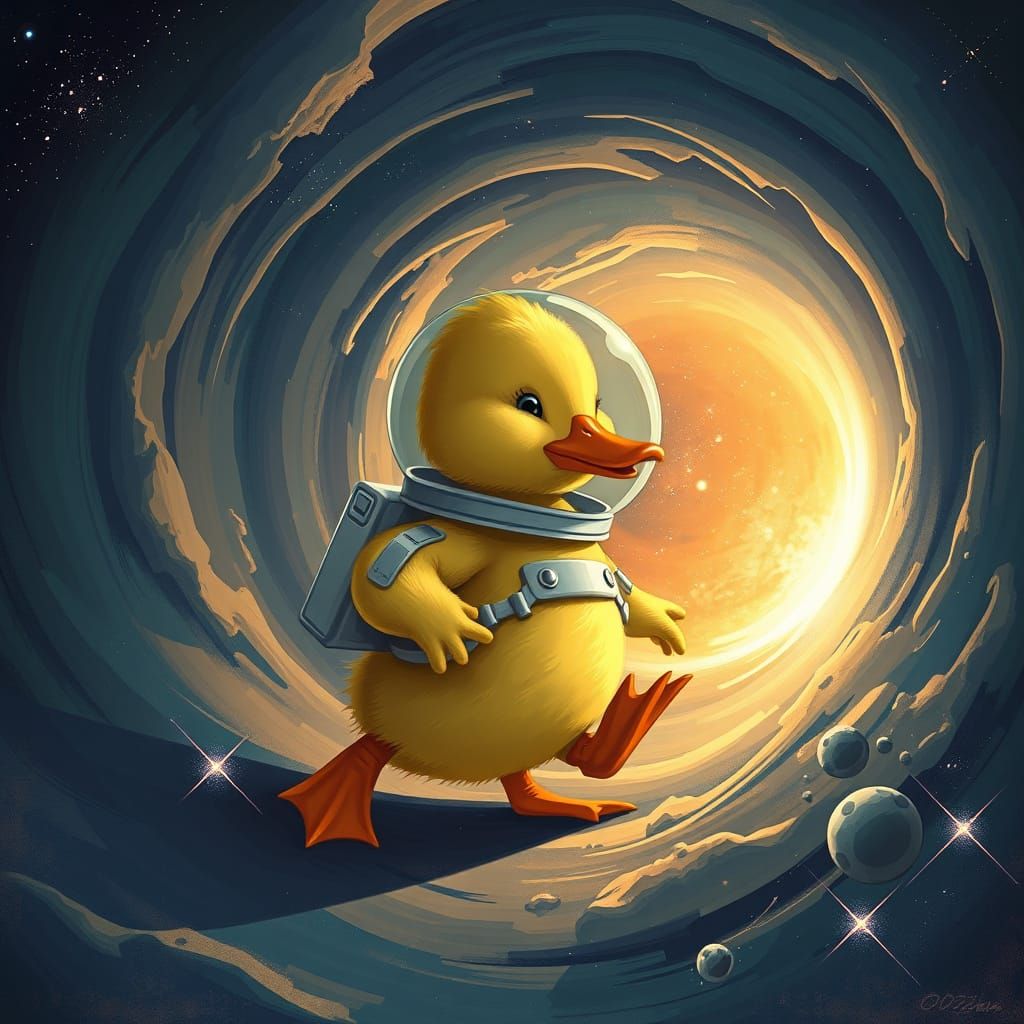 Duckling Space Explorer Stepping into Cosmic Vastness