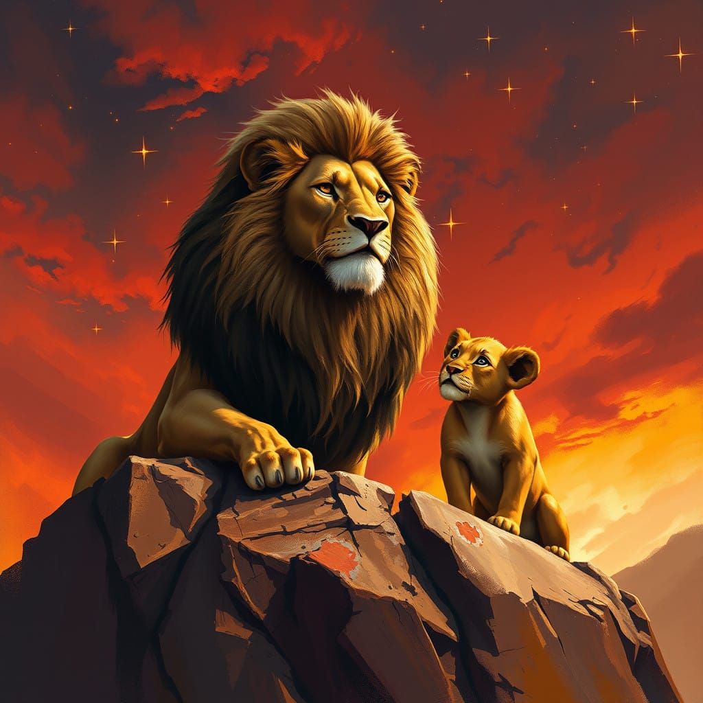 Lion King Shares Life Wisdom with Simba Under Starry Skies