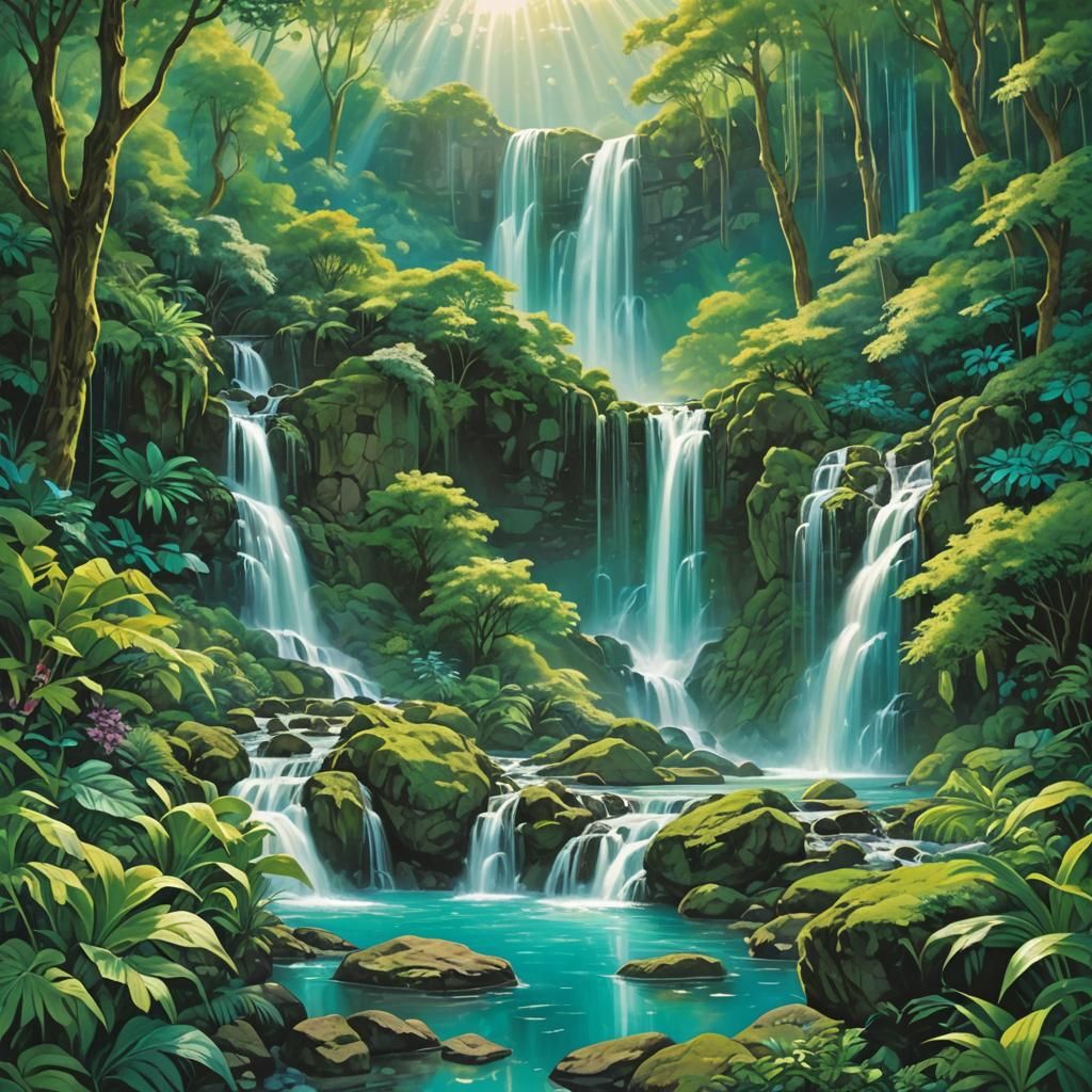 Waterfall of Light Over Verdant Landscape