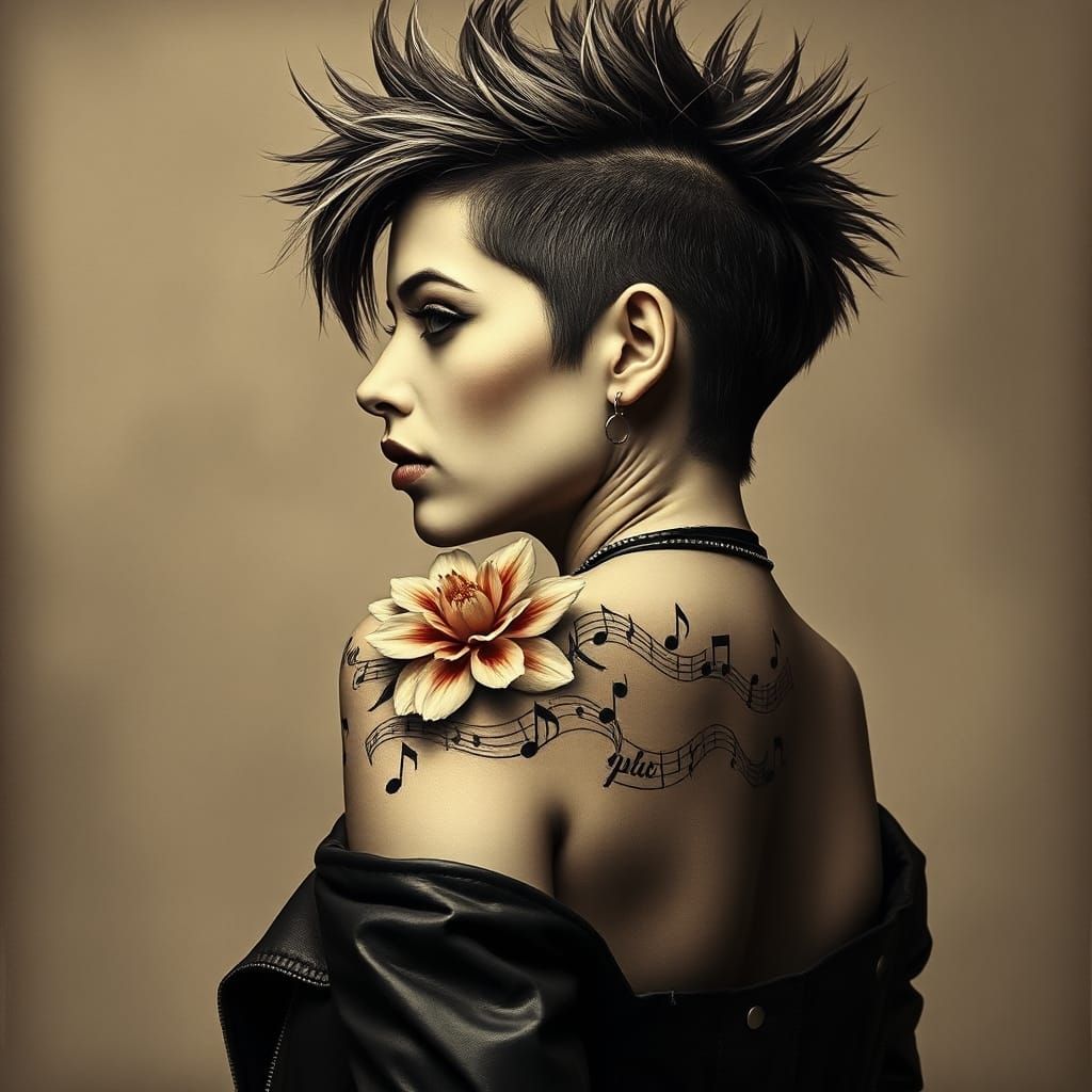Punk Woman Portrait with Flower Tattoo in Sepia Tone