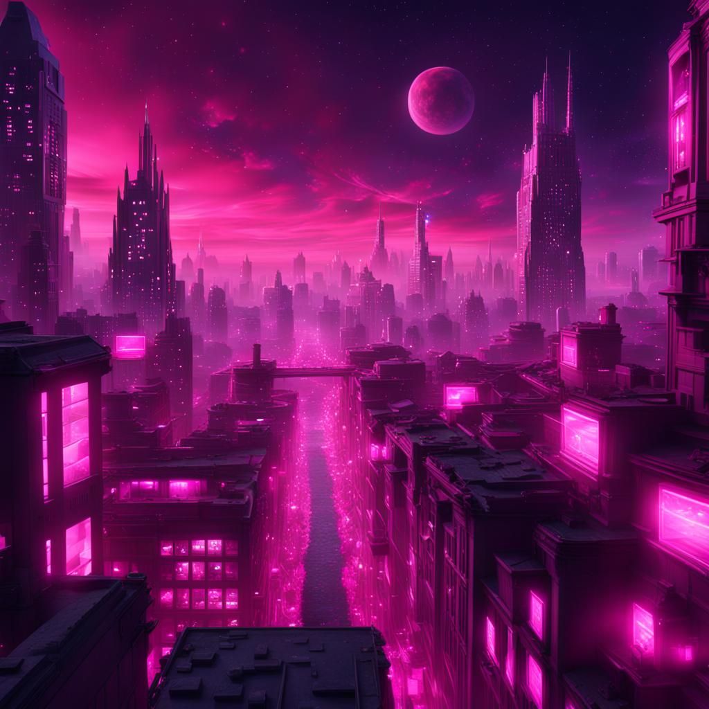 Pink Cityscape Under Starry Night Sky