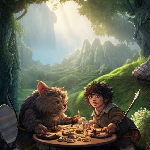 Hobbit Feast Illustration in Detailed Fantasy Style