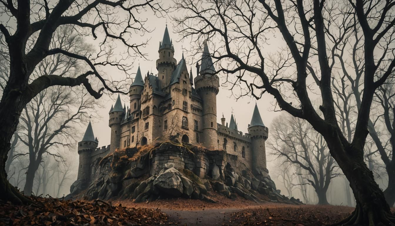 Mystical Castle in Misty Forest Landscape