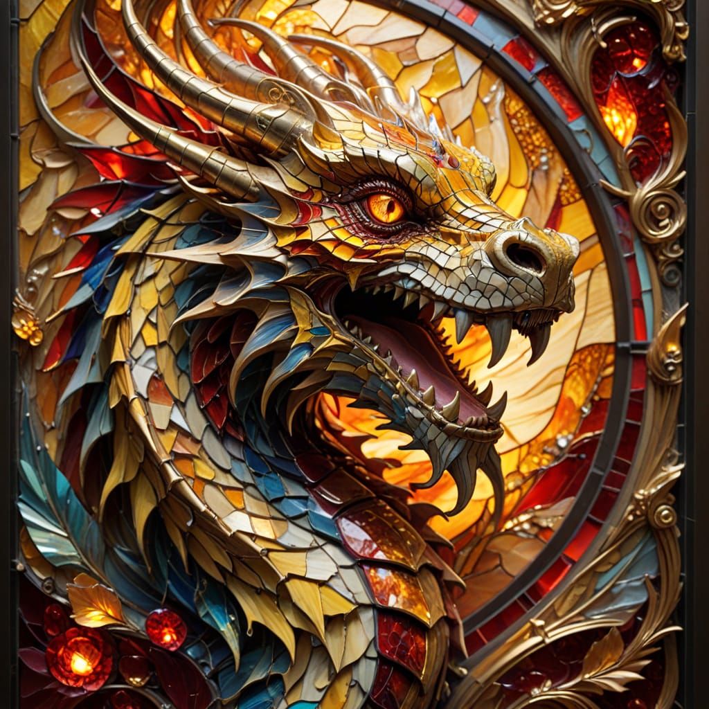 Art Nouveau Dragon Stained Glass Masterpiece